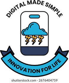 A logo for digital made simple, innovation for life. The logo features a cloud with lightning bolts and a ribbon