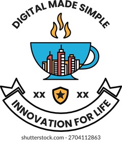 A logo for digital made simple innovation for life. The logo features a cup with a flame on it and a star