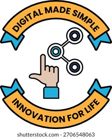 A logo for digital made simple innovation for life. The logo features a hand pointing to a circle with three circles around it