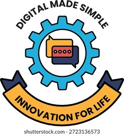 Um logotipo para a tecnologia digital simplificou a inovação para toda a vida. O logotipo apresenta uma engrenagem azul e amarela com uma fita em torno dela