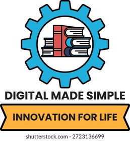 A logo for Digital Made Simple Innovation for Life. The logo features a blue and white gear with books stacked on top of it