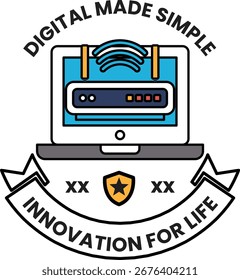 A logo for digital made simple. It is a laptop with a blue screen. The logo is for innovation for life