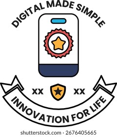 Ein Logo für digital einfach gemacht. Es ist ein Stern mit einem Band darum. Das Band hat einen Stern und das Wort Innovation fürs Leben