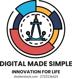 A logo for Digital Made Simple, which is a company that focuses on innovation for life. The logo is a circle with a compass in the center, and it is surrounded by a series of lines
