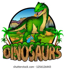 Logo  Dinosaurs World with Allosaurus. Vector illustration.