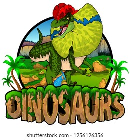 Logo  Dinosaurs World with Dilophosaurus. Vector illustration.