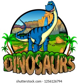 Logo  Dinosaurs World with Diplodocus. Vector illustration.