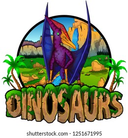 Logo  Dinosaurs World with  Pteranodon. Vector illustration.