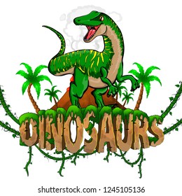 Logo  Dinosaurs World With Raptor. Vector Illustration.