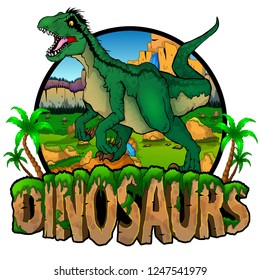 Logo  Dinosaurs World with Raptor. Vector illustration.