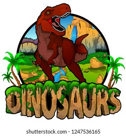 Logo  Dinosaurs World with Tyrannosaurus. Vector illustration.