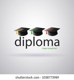Logo diploma teaching academy: Three mortarboards of students with ties of different colors. Vector image