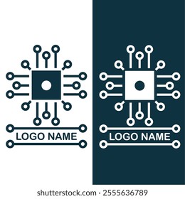The logo is displayed in two contrasting styles: dark blue lines on a white background and white lines on a dark blue background. Ideal for technology companies or software developers.