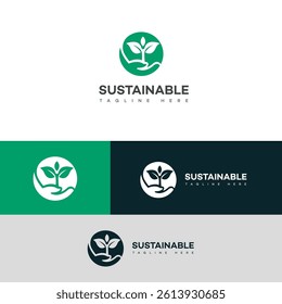 A logo displays a plant sprout in cupped hands within a circle, symbolizing sustainable growth and environmental care. Variations on green and dark backgrounds are shown.