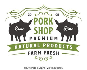 El logotipo muestra una tienda de cerdos que enfatiza las prácticas ecológicas y los productos naturales de primera calidad, con dos siluetas de cerdos y un diseño vintage.
