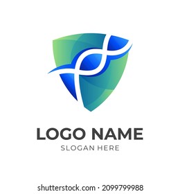 plantilla de logotipo de protección del adn del logotipo, protector y adn, logotipo combinado con un estilo de color azul y verde 3d