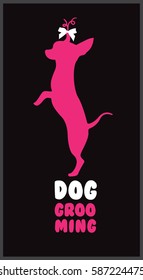 Logo for dog hair salon with pink dog silhouette, gold bow and gold letters