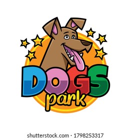 Logo for a dog park, formed by the illustration of a smiling dog's head, with its tongue hanging out and a typography. The design is colorful, striking, cartoon-style and fun.