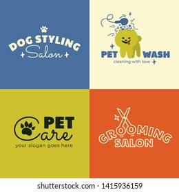 Logo for Dog Styling, Wash, Care and Grooming salon, veterinary clinic. Set of signs with Pet services. 


