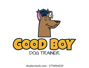 Logo For A Dog Trainer, Consisting Of A Typeface And A Smiling Dog Wearing A University Cap, In A Cartoon Style. Vector Illustration.