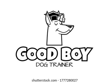 Logo for a dog trainer, consisting of a typeface and a smiling dog wearing a university cap, in a cartoon style. Black and white color.