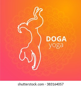 Logo for dog yoga studio. Dog yoga logo. Yoga dogs. Yoga for dogs. Vector dog yoga illustration. Dog yoga sticker. Logo for yoga with dog. Dog yoga logo on gradient background.