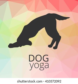 Logo for dog yoga studio. Dog yoga pose on triangle background.  Doga yoga. Yoga for dogs. Vector yoga illustration. Yoga sticker. Logo for yoga with dog. Yoga dogs.