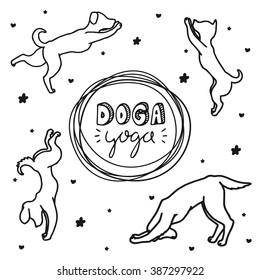 Logo for dog yoga studio. Logo for dog yoga studio.Yoga logo. Doga yoga. Yoga for dogs. Vector yoga illustration. Yoga sticker. Logo for yoga with dog. Dog yoga poses