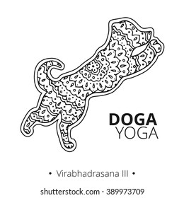 Logo for dog yoga studio. Tracery dog. Logo for dog yoga studio.Yoga logo. Doga yoga. Yoga for dogs. Vector yoga illustration. Yoga sticker. Logo for yoga with dog.
