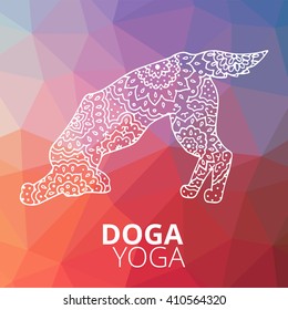 Logo for dog yoga studio. Tracery dog. Downward dog.  Logo for yoga dogs. Yoga for dogs. Vector yoga illustration. Yoga sticker. Logo for yoga with dog. Yoga dogs. Tracery dog on triangle background. 