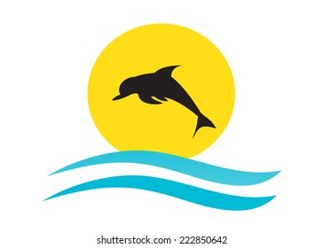logo. A dolphin against the sun and sea waves