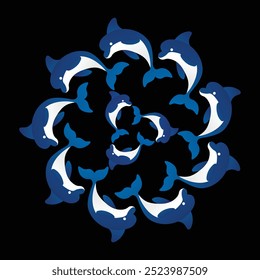 O logotipo do golfinho. Um modelo para o design de adesivos, roupas e lembranças. Isolado em um fundo branco. Ilustração vetorial. Logotipo de modelo circular e radial.