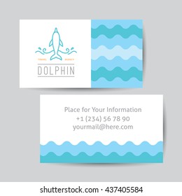 logo of dolphin and waves, vector template of business card for travel agency