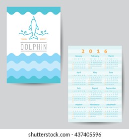logo of dolphin and waves, vector template of calendar for travel agency