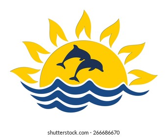 Logo with dolphins against a decline.