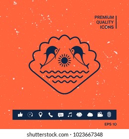 Logo - Dolphins with the sun and the sea - on the background of the seashell