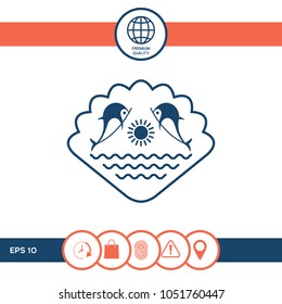 Logo - Dolphins with the sun and the sea - on the background of the seashell