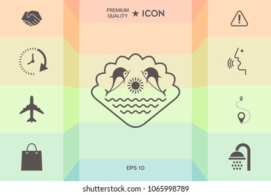 Logo - Dolphins with the sun and the sea - on the background of the seashell