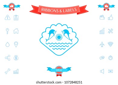 Logo - Dolphins with the sun and the sea - on the background of the seashell
