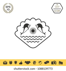 Logo - Dolphins with the sun and the sea - on the background of the seashell
