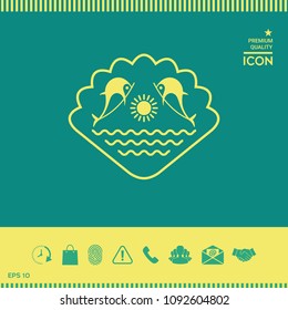 Logo - Dolphins with the sun and the sea - on the background of the seashell
