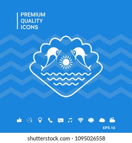 Logo - Dolphins with the sun and the sea - on the background of the seashell