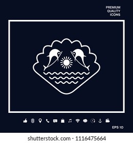 Logo - Dolphins with the sun and the sea - on the background of the seashell