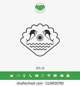 Logo - Dolphins with the sun and the sea - on the background of the seashell