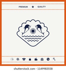 Logo - Dolphins with the sun and the sea - on the background of the seashell