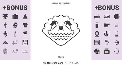 Logo - Dolphins with the sun and the sea - on the background of the seashell