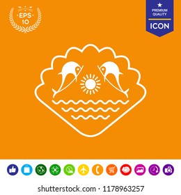 Logo - Dolphins with the sun and the sea - on the background of the seashell