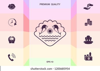 Logo - Dolphins with the sun and the sea - on the background of the seashell