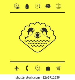 Logo - Dolphins with the sun and the sea - on the background of the seashell. Graphic elements for your design