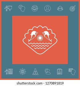 Logo - Dolphins with the sun and the sea - on the background of the seashell. Graphic elements for your design